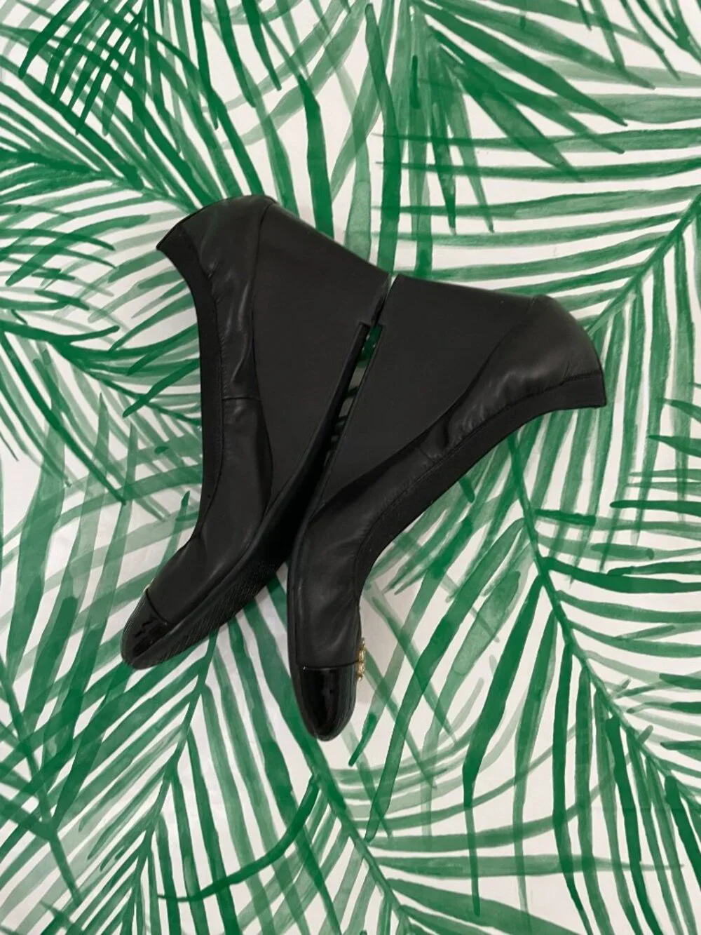 Tory Burch Jolie Black Leather Wedge Pumps Women's Size 10.5
